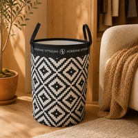 Panier de rangement en feutre noir et blanc à imprimé géométrique Ikat avec poignées en cuir pour chambre et bureau, panier à linge robuste