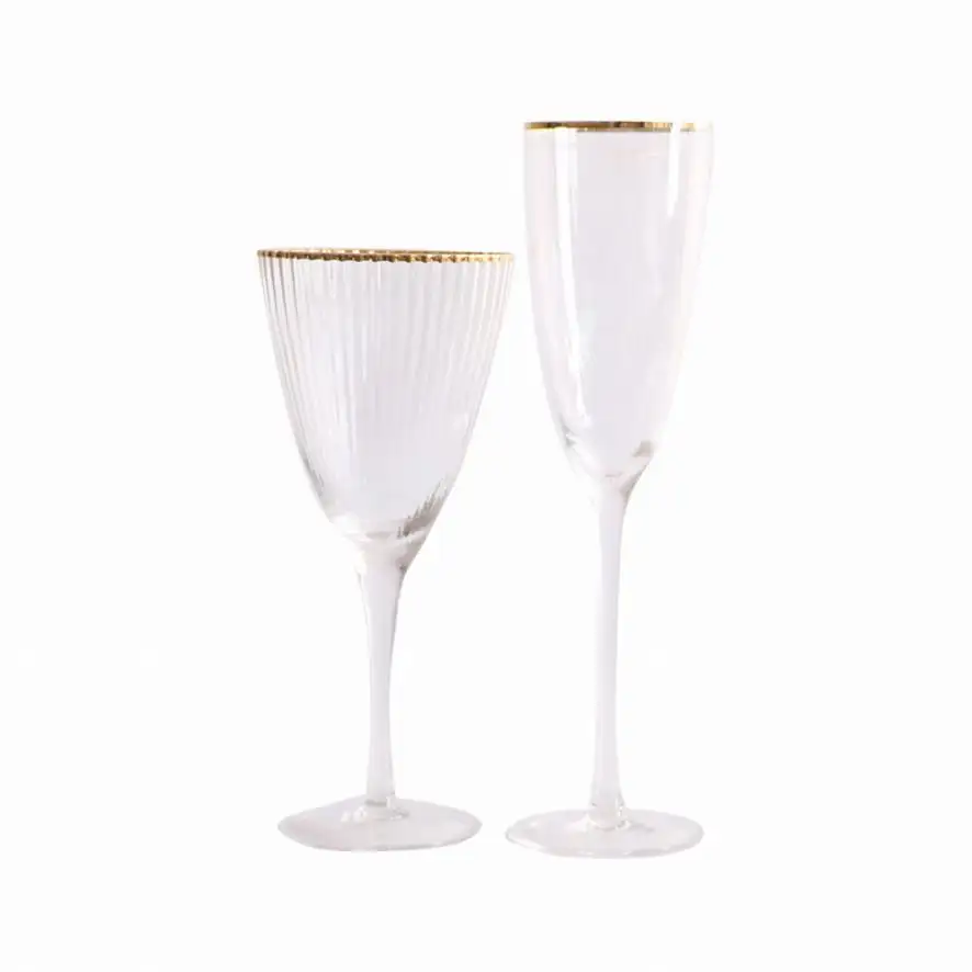 LOGO Custom 350ML Vertical Stripes Pattern Tall Champagne Wine Glass with Gold Rim