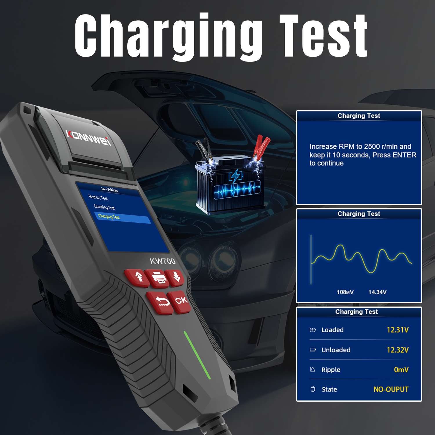 Testeur De Batterie Auto 12V/24V KONNWEI KW700 Avec Imprimante - Diagnostic Batterie/Démarrage/Charge