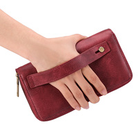 Dompet panjang wanita, dompet panjang dengan tali tangan kulit asli ritsleting ganda dan lapisan pemegang kartu lembut kapasitas besar untuk tas ponsel
