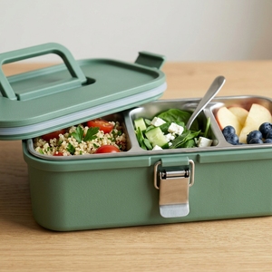 Contenitore per Pranzo a Doppio Strato Isolato con Coperchio in Plastica, 3 Scomparti, Riscaldabile in Microonde, Portatile, Rettangolare, Senza BPA - Product Image 3