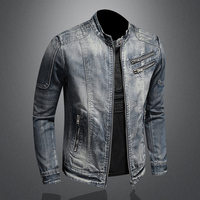Veste en jean rétro américaine slim pour homme avec col montant et fermeture éclair, idéale pour le travail, le cyclisme et la moto