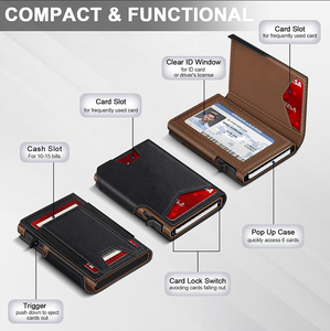 Portafoglio Sottile con Blocco RFID <span class=keywords><strong>e</strong></span> Apertura Pop-up, <span class=keywords><strong>Porta</strong></span> <span class=keywords><strong>Carte</strong></span> in Alluminio con Custodia in Pelle PU, Portacarte Minimalista per Uomo, Logo OEM - Product Image 4