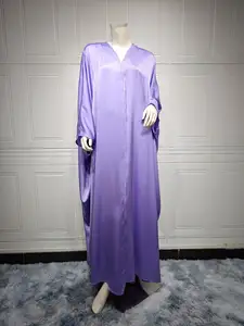 Orta doğu müslüman kadınlar katı renk düz saten rahat elbise Kimono Kaftan ön-açık Batwing kollu Dubai elbise Abaya