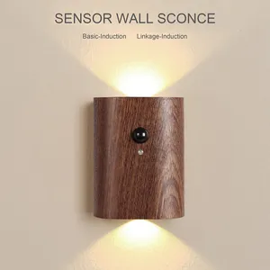 Venda quente Instalação magnética Luz de parede inteligente levou quarto decoração de casa luminárias de madeira PIR Motion sensor Night light