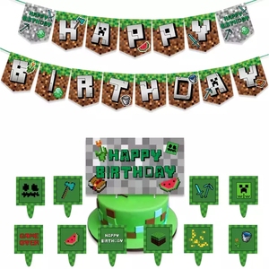 Globos de látex con estampado de temática de <span class=keywords><strong>juego</strong></span> de bloque, suministros para fiesta de cumpleaños, cartel de píxel de feliz cumpleaños, Bandera de tracción, Impresión de minero, venta al por mayor - Product Image 3