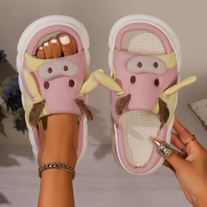 Personalizada de dibujos animados de vaca <span class=keywords><strong>Anime</strong></span> interior/exterior de felpa para zapatillas antideslizante PVC cálido EVA suela de piel de lino estilo para el verano invierno hogar - Product Image 6