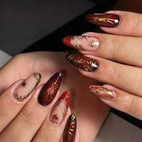 Lot de 24 faux ongles semi-artisanaux à presser, motifs colorés printemps-été, avec fleurs 3D, perles et strass œil de chat, fabrication machine.