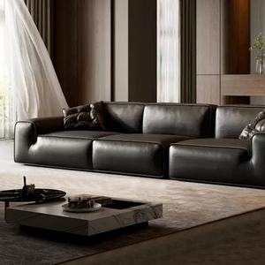 Vente directe d'usine, canapé italien minimaliste en cuir véritable, grand canapé noir en cuir de vache - Product Image 2