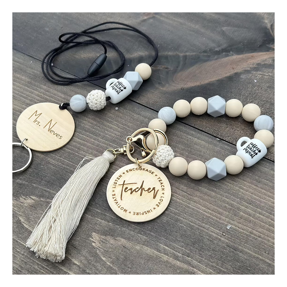 Fashion Silicone Beads Key Ring Chain Cycle Wristlet Keychain Bracelet Image 3