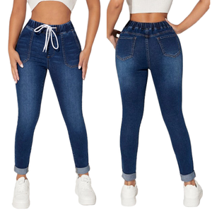 Jean Capri en Coton pour Femme, Taille Élastique avec Cordon de Serrage, Respirant, Très Extensible, Coupe Skinny, Denim Uni, Style Décontracté, Été Hiver - Product Image 1