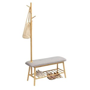 Bamboo <b>Coat</b> Stand With Bench Shoe Rack And 4 <b>Hooks</b> Entryway Storage Furniture - Product Image 1