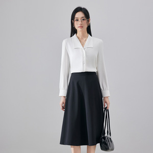 Women's White Shirt Black Skirt Set Long Sleeve Solid Color Anti-Wrinkle Professional Workwear Outfit - Product Image 3