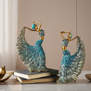Set <span class=keywords><strong>de</strong></span> Esculturas <span class=keywords><strong>de</strong></span> Resina <span class=keywords><strong>de</strong></span> Bailarina <span class=keywords><strong>de</strong></span> Pavo Real - Figuras Art Deco Vintage en Turquesa y Dorado - Product Image 1