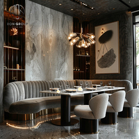 Table Ronde de Luxe Personnalisée Ron Group en Marbre, Chaise en Velours, Banquette Grise, Mobilier de Restaurant