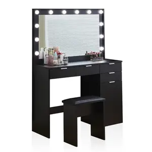 Furniture Factories Professional Modern Black Hollywood Makeup Vanity Dressing Table Set Manufacturers With Mirror And Drawers