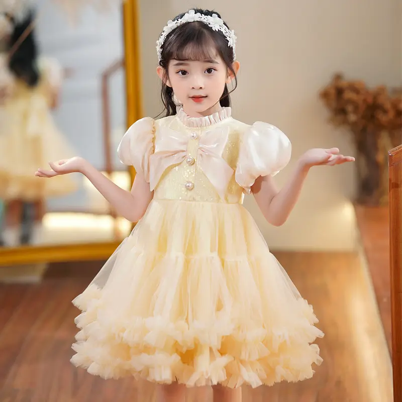 Children Party Wear Sequins Top Summer Short Sleeves Knee Length Puffy Elegant Pretty Girls Princess Dresses