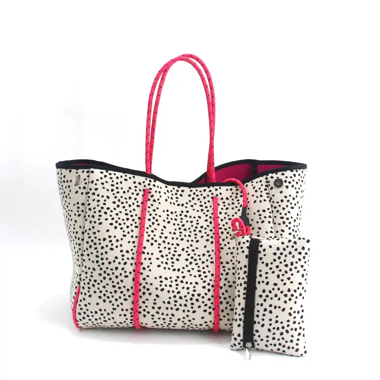 2023 Hot Selling Custom Full Printing Women Traveling Handbag Big Tote Hand Bag Neoprene Ladies Perforated Beach Tote Bag