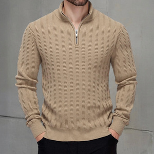 Pull en maille zippé à col montant pour homme, coupe ajustée, manches longues, automne-hiver 2025, grandes tailles, kaki, bleu marine, militaire - Product Image 1