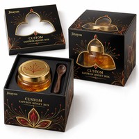 Boîte cadeau en carton rigide avec logo personnalisé, pot de miel au safran, base rigide, couvercle à fermeture magnétique, fenêtre en PVC découpée, finition brillante, impression CMYK, boîte grise