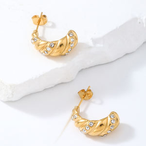 ต่างหูสแตนเลสสุดชิคทรงครัวซองต์ดีไซน์ตามสั่งต่างหูคริสตัลเพทายลูกบาศก์ระยิบระยับต่างหูห่วงแบบเปิด - Product Image 1