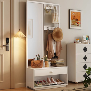 Porte-manteau en bois massif de style japonais 80x35x180cm, rangement polyvalent pour entrée avec miroir et banc à chaussures - Product Image 3