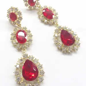 Hypoallergenic Gemstone Diamond Crystal Rhinestone Long Indian Inspired 1920s Gold Plated Chandelier Red Ruby Earrings for Women