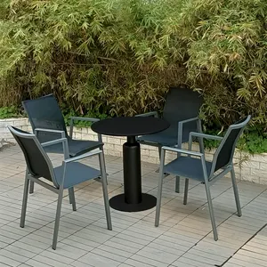 현대 옥외 가구 강철 알루미늄 관 구조 팔걸이 디자인 수입된 식탁 의자 쌓을수 있는 정원 안뜰 가구