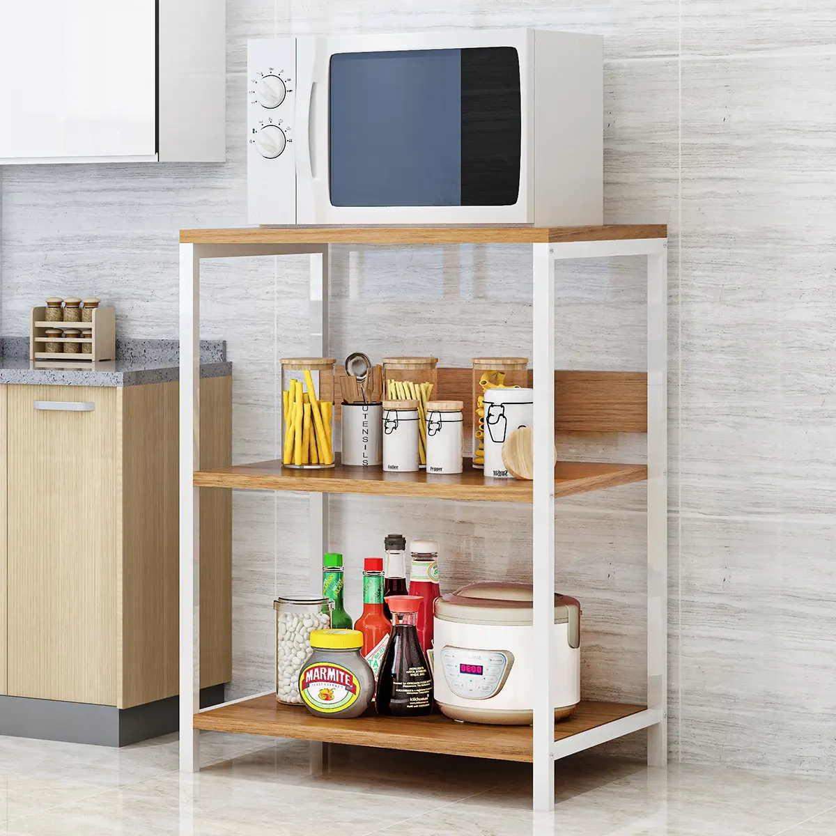 STS02-4 3-Tier Steel Wood Microwave Oven Stand Home Kitchen Storage Shelf Kitchen Organizer Rack
