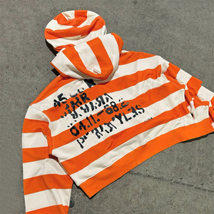 Felpa con Cappuccio da Uomo Arancione e <span class=keywords><strong>Bianca</strong></span> a Righe con Zip, Stampa Graffiti Stile Prigione, <span class=keywords><strong>Giacca</strong></span> <span class=keywords><strong>Oversize</strong></span> Streetwear - Product Image 1