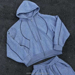 Fabricante de ropa, conjunto de sudaderas con capucha personalizadas, traje de jogging, punto de contraste, chándal gris, conjunto de sudaderas con capucha y pantalones de chándal holgados para hombres - Product Image 4