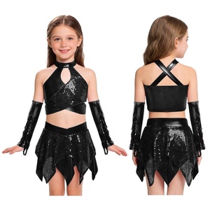Traje de competición de baile de salón y jazz para niñas de 6 a 16 años, conjunto metálico con top corto, falda y guantes. - Product Image 2