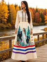 Jupe longue maxi vintage pour femme, style bohème, imprimé floral et ours, avec ruban, motif autochtone, mode nature, rétro canadien, vente en gros