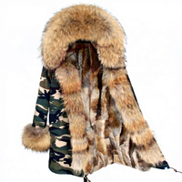 Damen-Parka in Olivgrün mit Pelzbesatz an Kapuze und Bündchen, winddichter, dicker Wintermantel in normaler Länge, lange Ärmel, Reißverschluss.