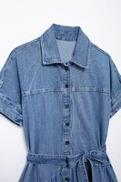 Robe Courte en Jean à Col Revers pour Femme, Manches Courtes, Élastique, Élégante et Décontractée