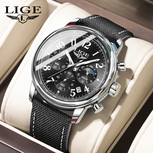 Montre homme LIGE LG89232 (43mm) en cuir, 3 sous-cadrans, phase du jour, chronographe, montres classiques pour homme, calendrier, montre-bracelet homme + boîte - Product Image 1