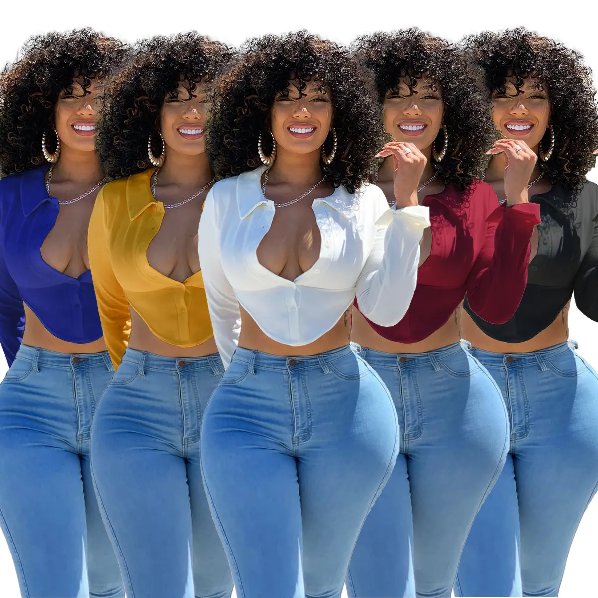 2022 Solid Color Damen Turndown Neck Button Up Crop Tops Shirts für Frauen Blusen Langarm hemden Frauen Shirts