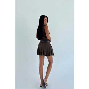 กระโปรงมินิสั้นทรงโกธิคสีน้ำตาล Sinatra พร้อมเข็มขัดคู่ แต่งระบายจีบประดับเลื่อม ดีไซน์พันรอบตัว ลายปะติดปะต่อ ทรงเข้ารูป - Product Image 1