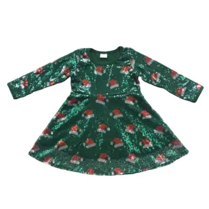 Vente en gros en boutique de vêtements pour enfants chapeau de Noël pour filles robe à manches longues à paillettes vertes robe de soirée tendance pour filles