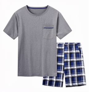 Men's Cotton Short Sleeve T-Shirt <b>Set</b> With Plaid Shorts Crew Neck Breathable Casual Summer <b>Set</b> For Mens - Product Image 1