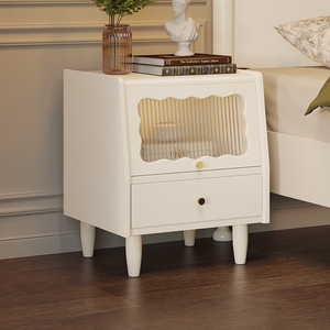 French Retro Style Nightstand Solid Wood <b>Storage</b> <b>Cabinet</b> Bedroom Furniture With Glass Door And Drawer - Product Image 3