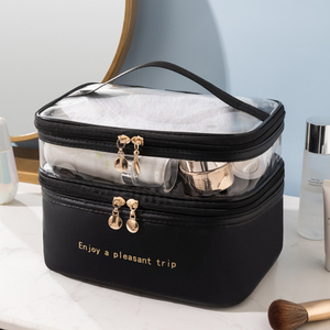 HANFEIZI Wholesale PU Leather Cosmetic Bag Transparent Double Layer Make up Bag Women Travel Portable Wash Bag - Product Image 6
