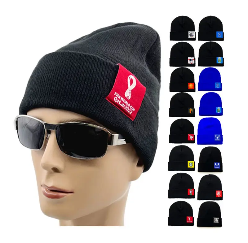 Morocco wholesale ceremonial 15 styles custom labels Qatar football cheap stock winter high quality blank beanies hats
