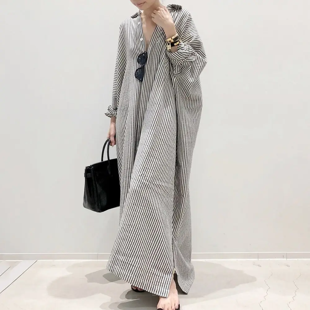 Wholesale 2021 Summer New Style cotton comfort Striped Casual A-line Long-sleeved Loose Single-breasted Straight Fashion Dress