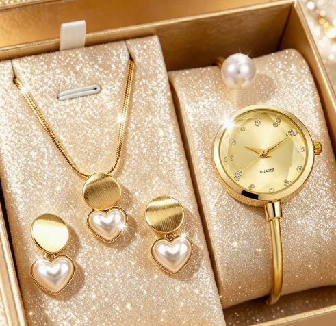 4pcs Women's Fashion Elegant Jewelry Set, Including Fashion Quartz Watch, Earrings and Necklace, Perfect Gift for Friends WW002
