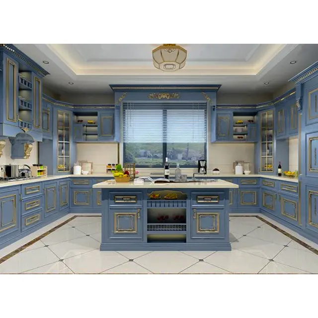 Wertvolle blaue goldene Massivholz-Küchen schränke im türkischen Stil