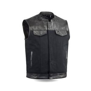 Outdoor-Racing Leather Club-Style Moto Respirant Vachette Denim-patchwork Gilet Biker Gilets Avec Col - Product Image 1