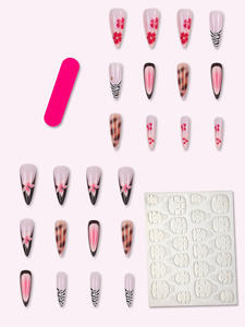 24 Pièces Faux Ongles en Forme d'Amande avec Motifs Léopard Rose et Fleurs, Style Français Élégant et Tendance - Product Image 4