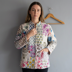 Quilted <b>Patchwork</b> <b>Jacket</b> Women's Mandarin Collar Full Sleeve Cotton Spring Style Regular Length Printed Design Gift For Her - Product Image 1