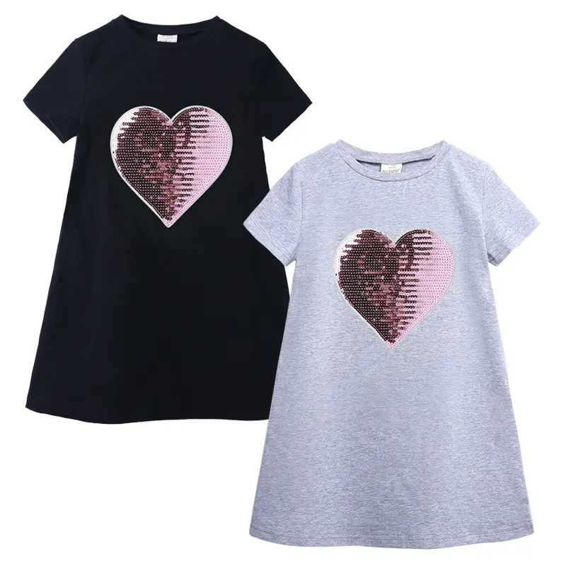 Großhandel Kurzarm Pailletten Liebe Kinder kleid T-Shirt lässige Mädchen Kleid für 2-14t Mädchen